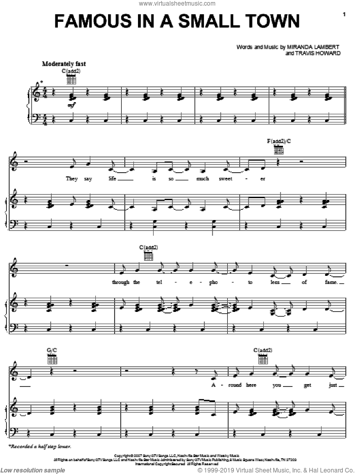 Famous In A Small Town sheet music for voice, piano or guitar by Miranda Lambert and Travis Howard, intermediate skill level