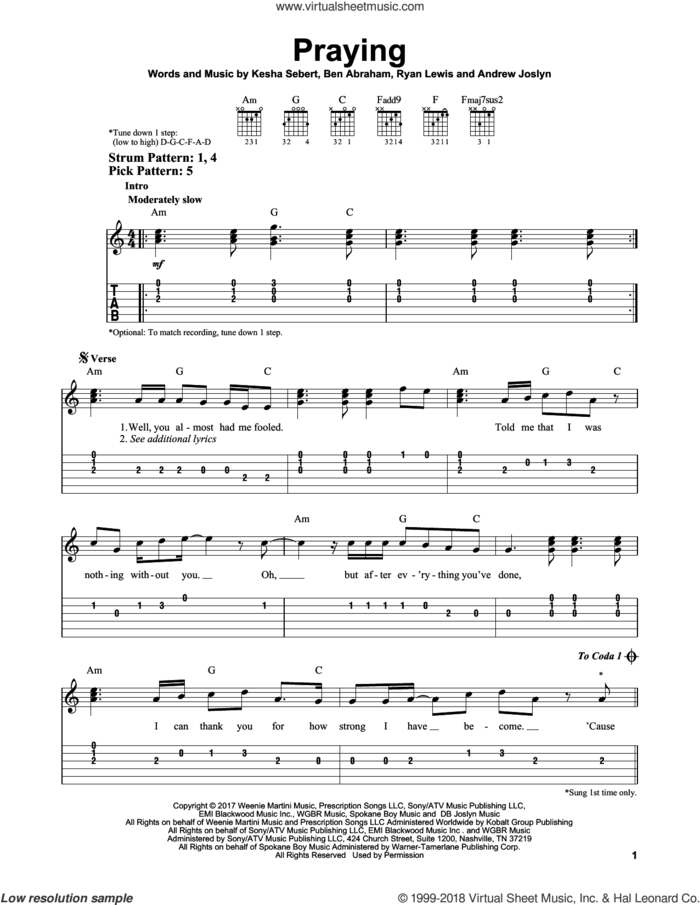 Praying sheet music for guitar solo (easy tablature) by Kesha, Andrew Joslyn, Ben Abraham, Kesha Sebert and Ryan Lewis, easy guitar (easy tablature)