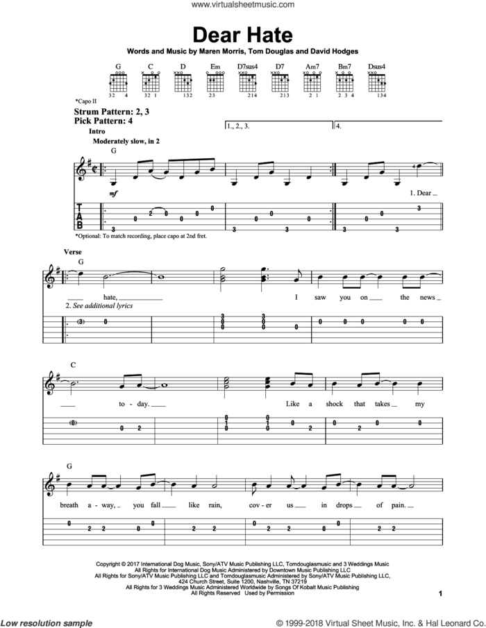 Dear Hate (feat. Vince Gill) sheet music for guitar solo (easy tablature) by Maren Morris, Vince Gill, David Hodges and Tom Douglas, easy guitar (easy tablature)