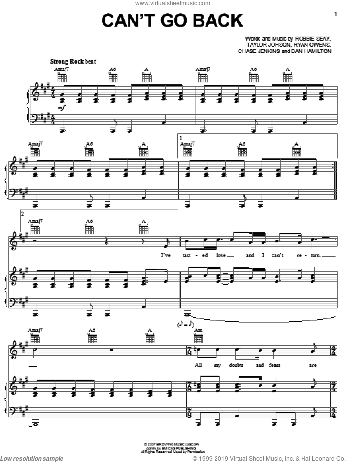 Can't Go Back sheet music for voice, piano or guitar by Robbie Seay Band, Chase Jenkins, Dan Hamilton, Robbie Seay, Ryan Owens and Taylor Johnson, intermediate skill level