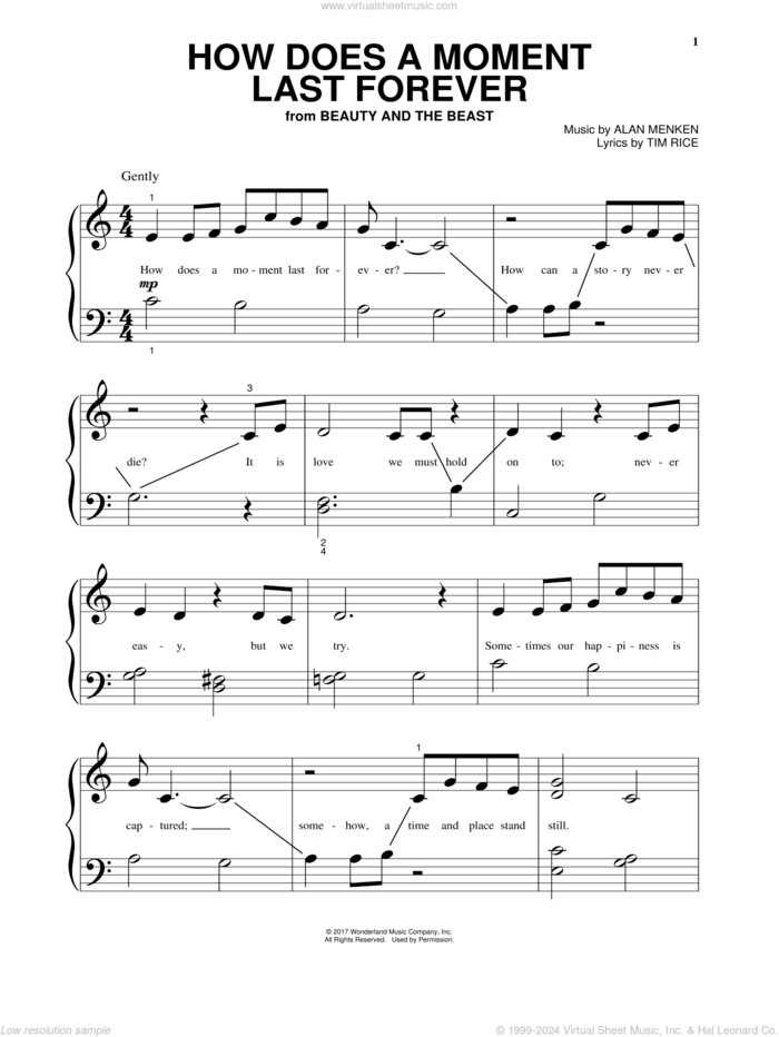 How Does A Moment Last Forever (from Beauty And The Beast) sheet music for piano solo by Alan Menken, Celine Dion and Tim Rice, beginner skill level