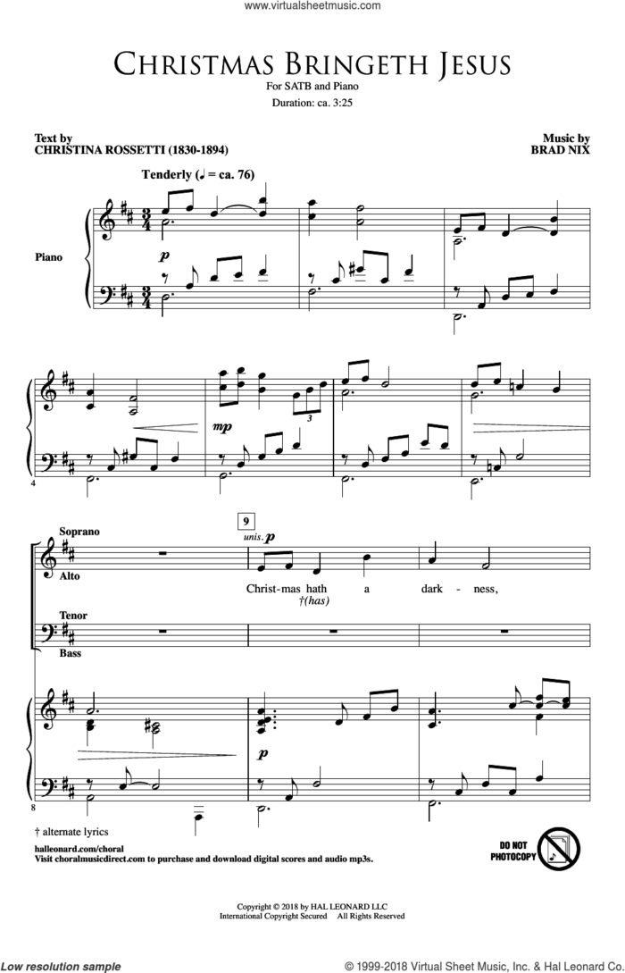 Christmas Bringeth Jesus sheet music for choir (SATB: soprano, alto, tenor, bass) by Brad Nix and Christina Rossetti, intermediate skill level