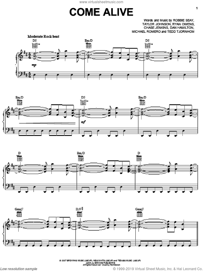 Come Alive sheet music for voice, piano or guitar by Robbie Seay Band, Chase Jenkins, Dan Hamilton, Michael Romero, Robbie Seay, Ryan Owens, Taylor Johnson and Tedd Tjornhom, intermediate skill level