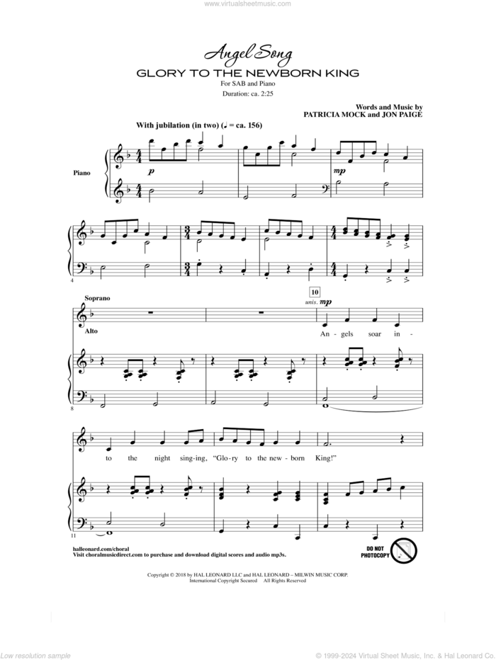 Angel Song (Glory To The Newborn King) sheet music for choir (SAB: soprano, alto, bass) by Patricia Mock and Jon Paige, intermediate skill level