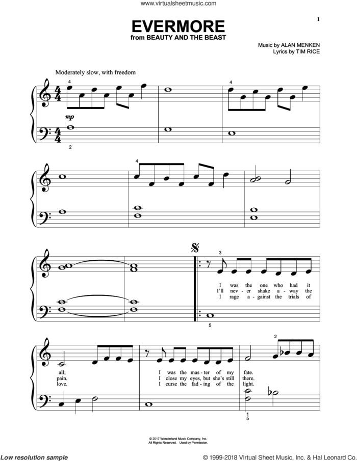 Evermore (from Beauty And The Beast), (beginner) (from Beauty And The Beast) sheet music for piano solo by Josh Groban, Alan Menken and Tim Rice, beginner skill level