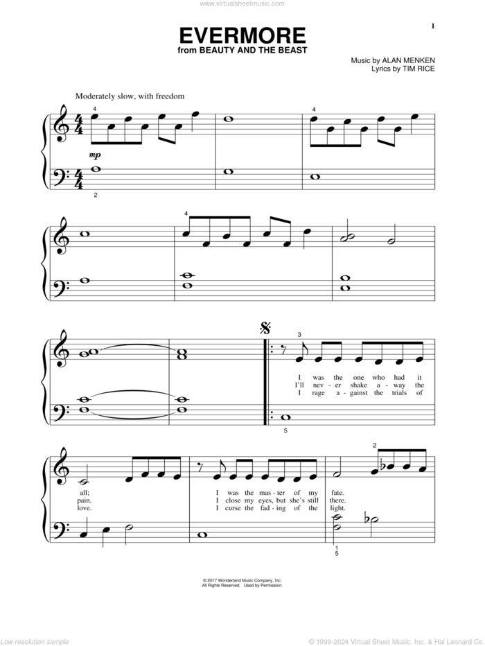 Evermore (from Beauty And The Beast) sheet music for piano solo by Josh Groban, Alan Menken and Tim Rice, beginner skill level