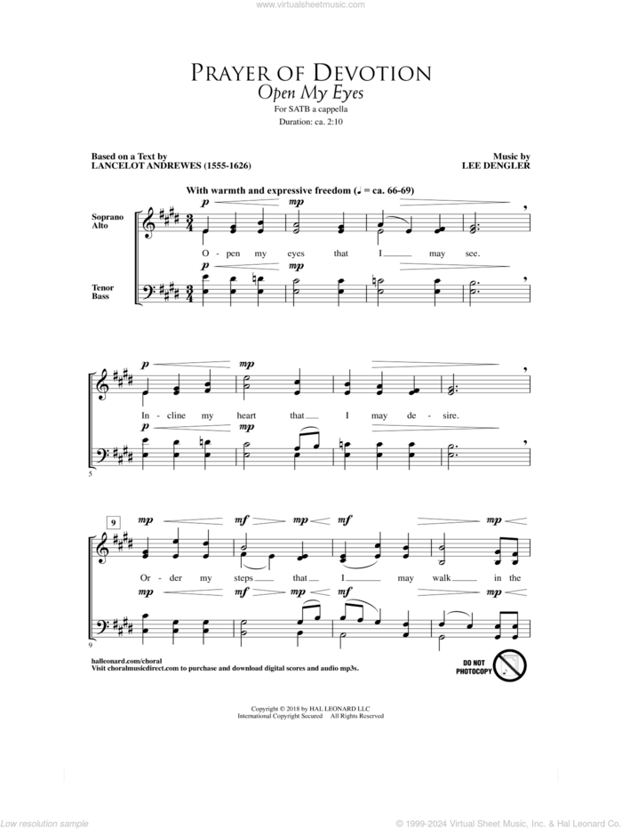 Prayer Of Devotion (Open My Eyes) sheet music for choir (SATB: soprano, alto, tenor, bass) by Lee Dengler and Lancelot Andrewes, intermediate skill level