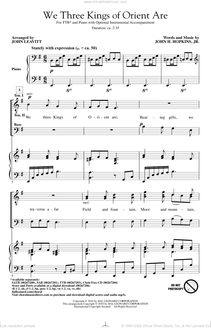 We Three Kings Of Orient Are sheet music for choir (TTB: tenor, bass) by John H. Hopkins, Jr. and John Leavitt, intermediate skill level