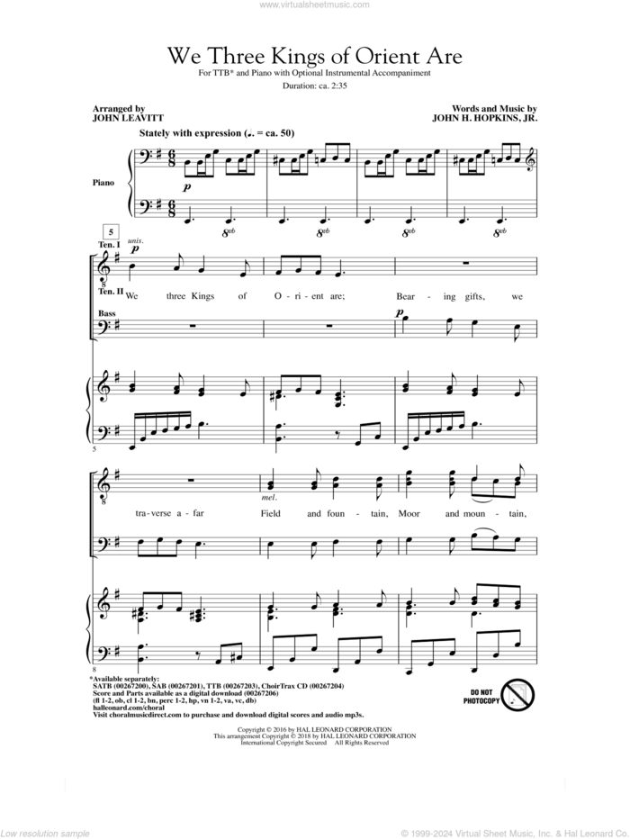 We Three Kings Of Orient Are sheet music for choir (TTB: tenor, bass) by John H. Hopkins, Jr. and John Leavitt, intermediate skill level