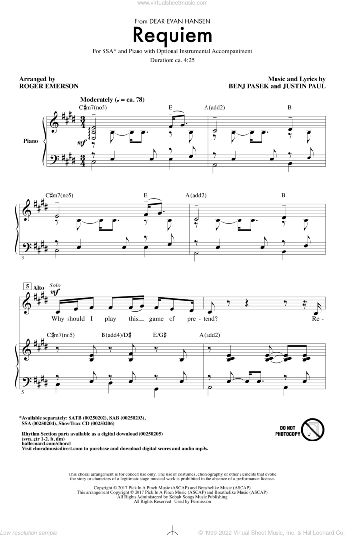 Requiem (from Dear Evan Hansen) (arr. Roger Emerson) sheet music for choir (SSA: soprano, alto) by Pasek & Paul, Roger Emerson, Benj Pasek and Justin Paul, intermediate skill level