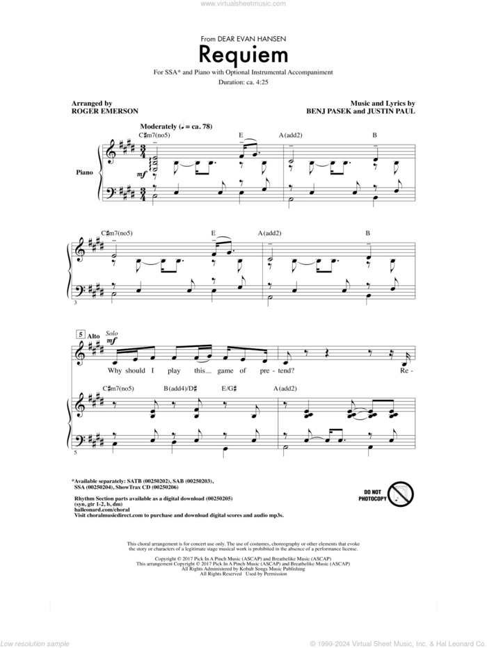 Requiem (from Dear Evan Hansen) (arr. Roger Emerson) sheet music for choir (SSA: soprano, alto) by Pasek & Paul, Roger Emerson, Benj Pasek and Justin Paul, intermediate skill level