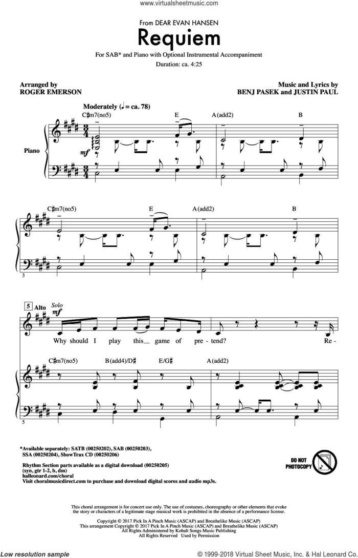 Requiem (from Dear Evan Hansen) (arr. Roger Emerson) sheet music for choir (SAB: soprano, alto, bass) by Pasek & Paul, Roger Emerson, Benj Pasek and Justin Paul, intermediate skill level