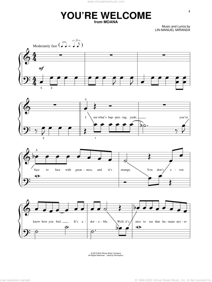 You're Welcome (from Moana) sheet music for piano solo by Lin-Manuel Miranda, beginner skill level