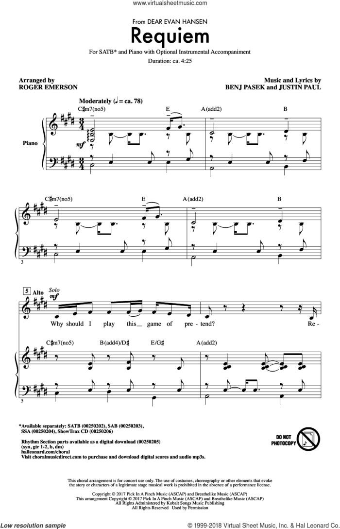 Requiem (from Dear Evan Hansen) (arr. Roger Emerson) sheet music for choir (SATB: soprano, alto, tenor, bass) by Pasek & Paul, Roger Emerson, Benj Pasek and Justin Paul, intermediate skill level