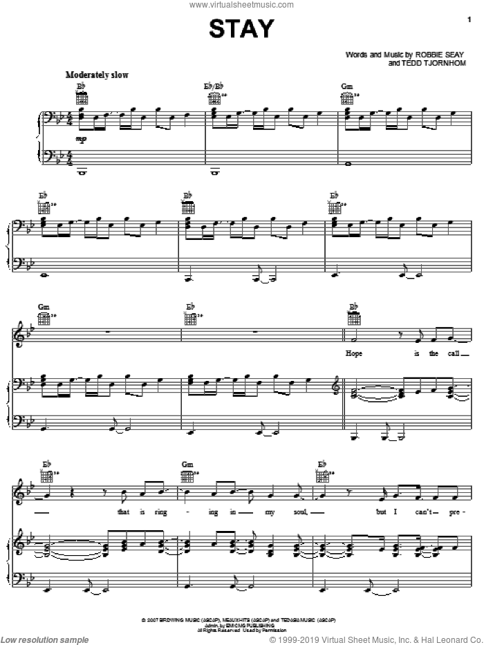 Stay sheet music for voice, piano or guitar by Robbie Seay Band, Robbie Seay and Tedd Tjornhom, intermediate skill level