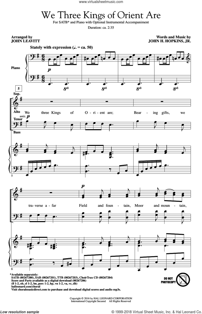 We Three Kings Of Orient Are sheet music for choir (SATB: soprano, alto, tenor, bass) by John H. Hopkins, Jr. and John Leavitt, intermediate skill level