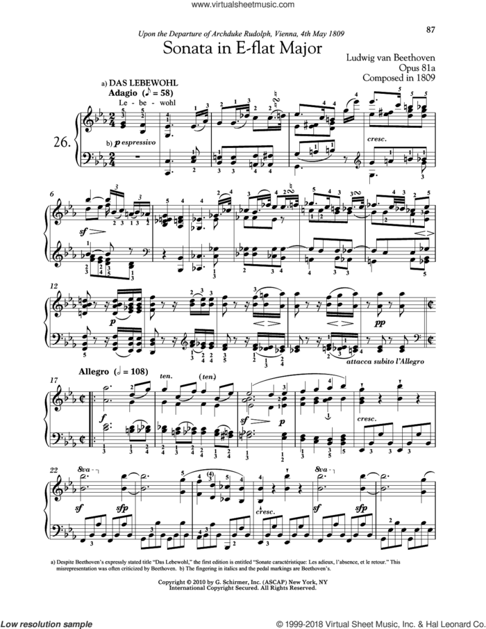 Piano Sonata No. 26 In E-Flat Major, Op. 81a sheet music for piano solo by Ludwig van Beethoven and Robert Taub, classical score, intermediate skill level