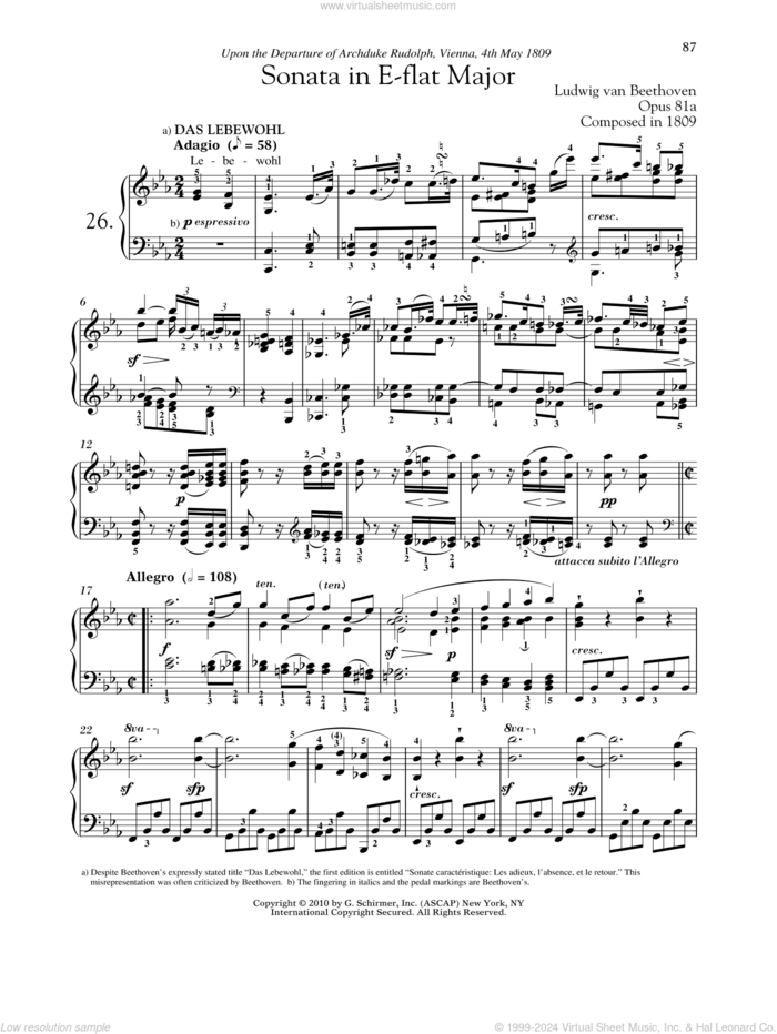 Piano Sonata No. 26 In E-Flat Major, Op. 81a sheet music for piano solo by Ludwig van Beethoven and Robert Taub, classical score, intermediate skill level