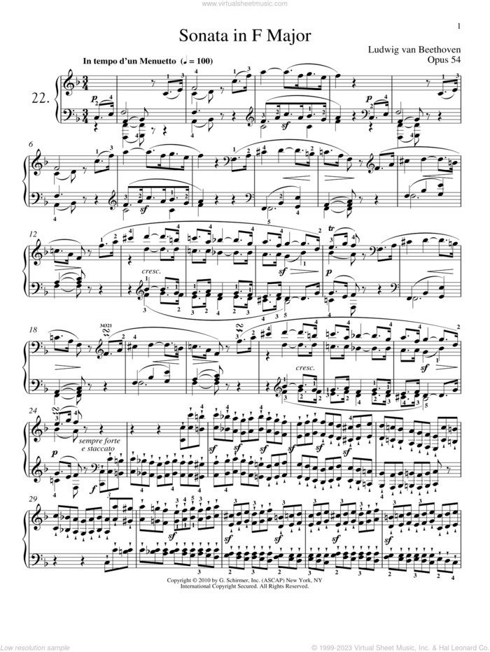 Piano Sonata No. 22 In F Major, Op. 54 sheet music for piano solo by Ludwig van Beethoven and Robert Taub, classical score, intermediate skill level
