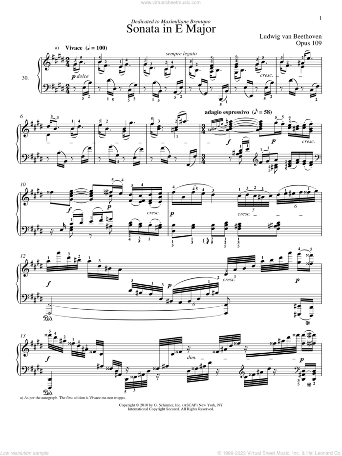 Piano Sonata No. 30 In E Major, Op. 109 sheet music for piano solo by Ludwig van Beethoven and Robert Taub, classical score, intermediate skill level