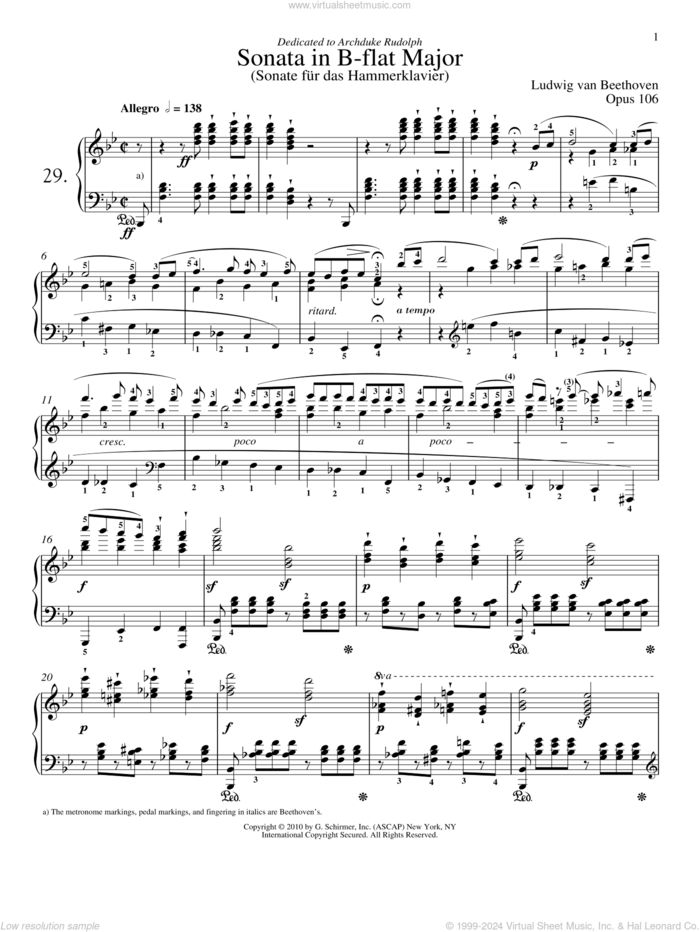 Piano Sonata No. 29 In B-Flat Major, Op. 106 sheet music for piano solo by Ludwig van Beethoven and Robert Taub, classical score, intermediate skill level