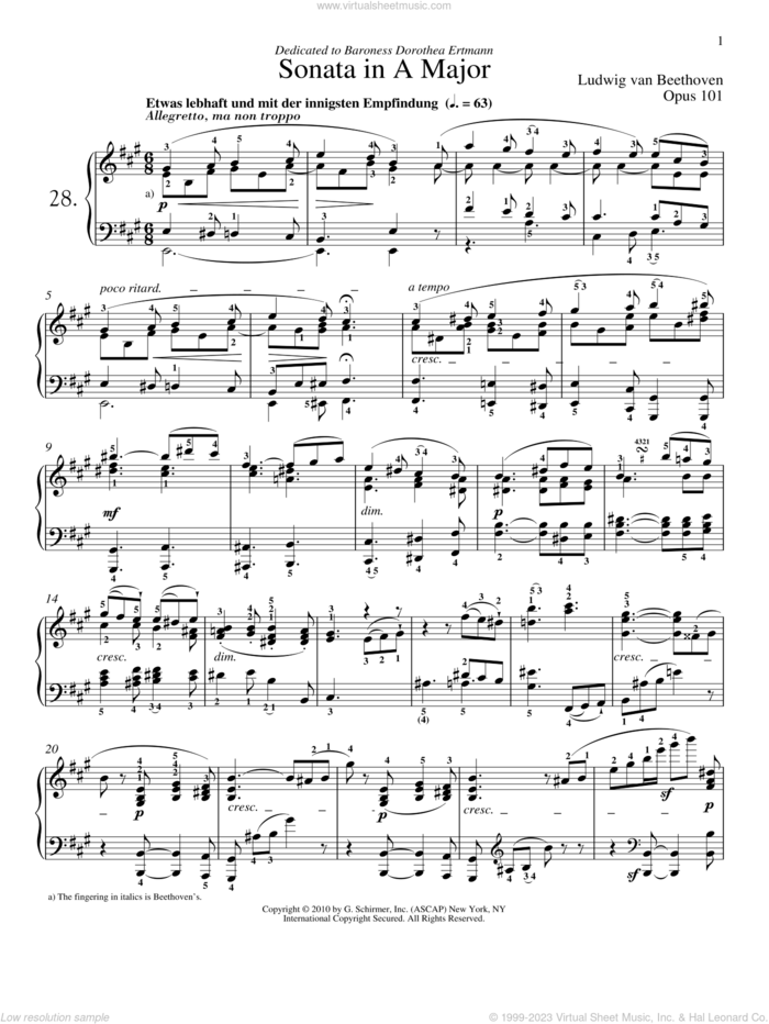 Piano Sonata No. 28 In A Major, Op. 101 sheet music for piano solo by Ludwig van Beethoven and Robert Taub, classical score, intermediate skill level
