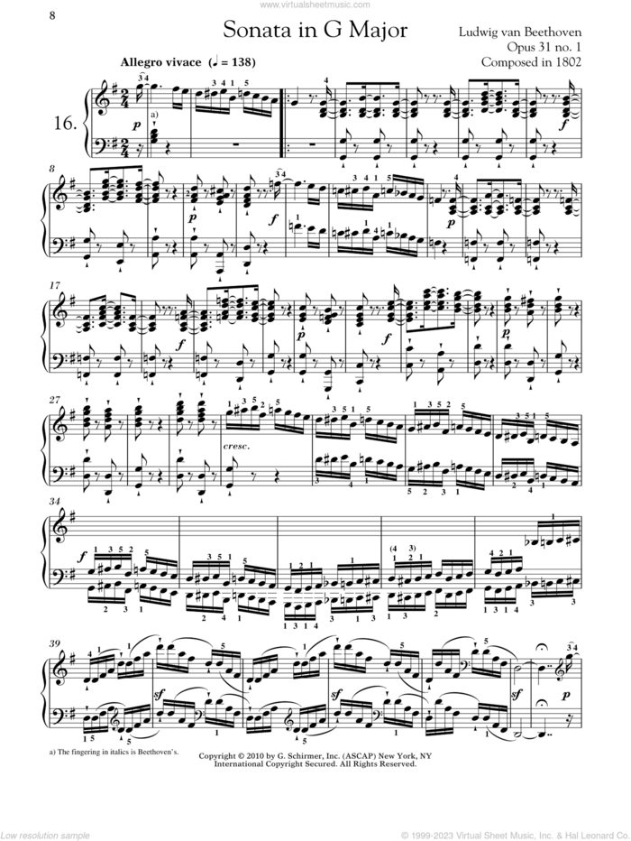 Piano Sonata No. 16 In G Major, Op. 31, No. 1 sheet music for piano solo by Ludwig van Beethoven and Robert Taub, classical score, intermediate skill level