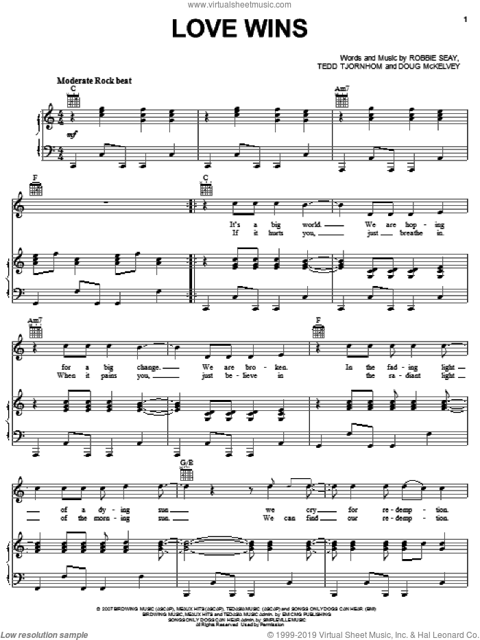 Love Wins sheet music for voice, piano or guitar by Robbie Seay Band, Doug McKelvey, Robbie Seay and Tedd Tjornhom, intermediate skill level