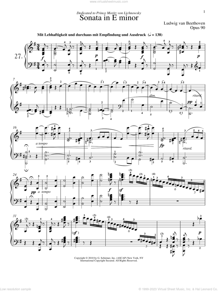 Piano Sonata No. 27 In E Minor, Op. 90 sheet music for piano solo by Ludwig van Beethoven and Robert Taub, classical score, intermediate skill level