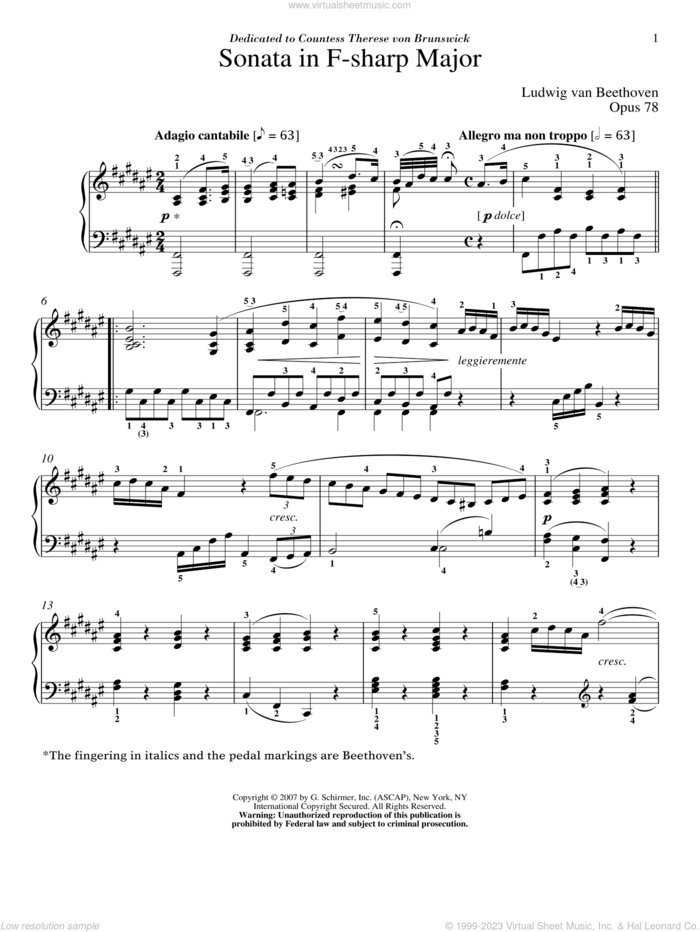 Piano Sonata No. 24 In F-Sharp Major, Op. 78 sheet music for piano solo by Ludwig van Beethoven and Robert Taub, classical score, intermediate skill level