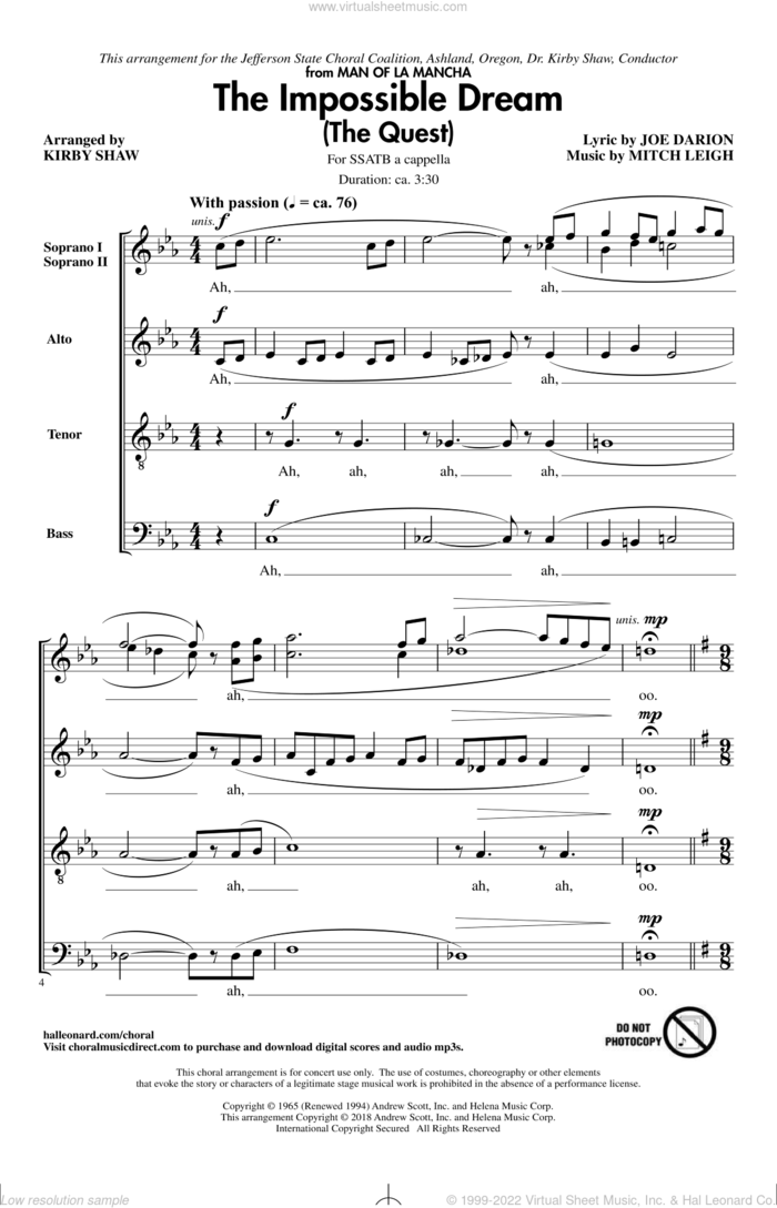 The Impossible Dream (The Quest) sheet music for choir (SATB: soprano, alto, tenor, bass) by Joe Darion, Kirby Shaw and Mitch Leigh, intermediate skill level