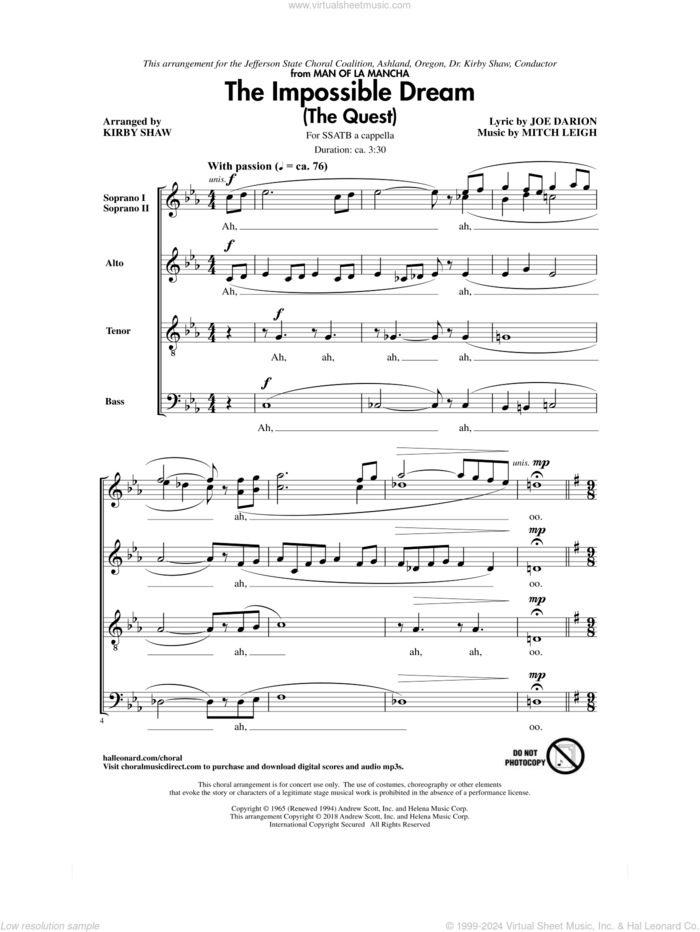 The Impossible Dream (The Quest) sheet music for choir (SATB: soprano, alto, tenor, bass) by Joe Darion, Kirby Shaw and Mitch Leigh, intermediate skill level