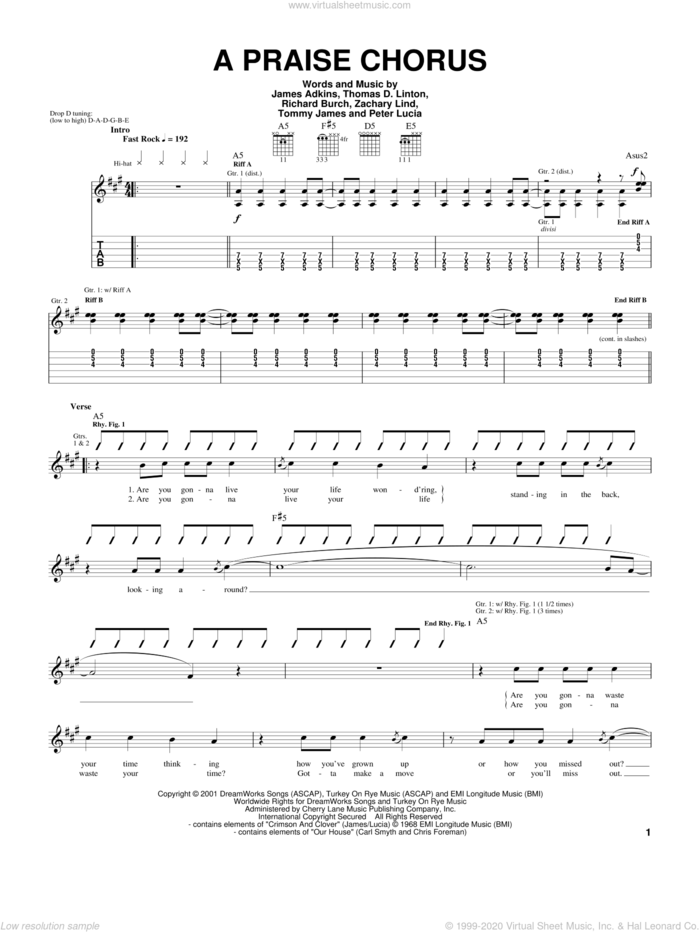 A Praise Chorus sheet music for guitar (tablature) by Jimmy Eat World, James Adkins, Richard Burch and Thomas D. Linton, intermediate skill level