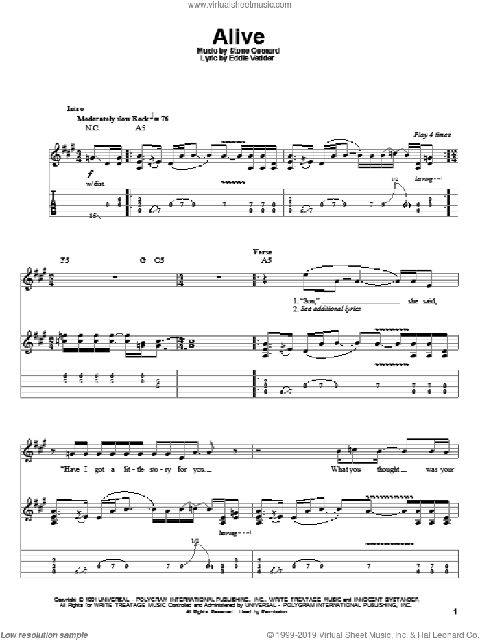 Alive sheet music for guitar (tablature, play-along) by Pearl Jam, Eddie Vedder and Stone Gossard, intermediate skill level