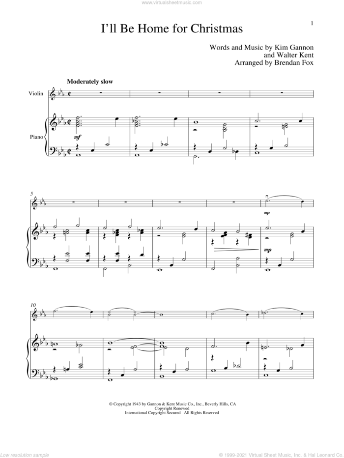 I'll Be Home For Christmas sheet music for violin and piano by Kim Gannon and Walter Kent, intermediate skill level