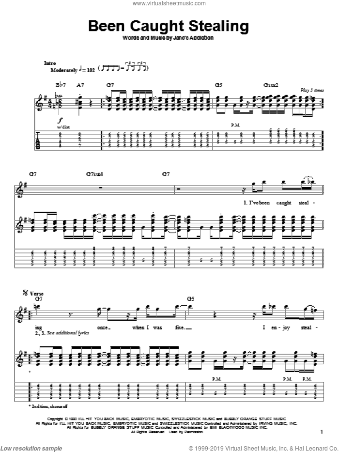 Been Caught Stealing sheet music for guitar (tablature, play-along) by Jane's Addiction, intermediate skill level
