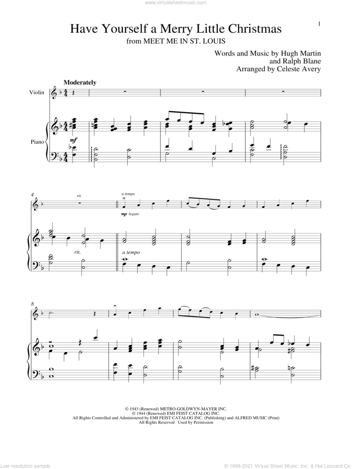 Have Yourself A Merry Little Christmas sheet music for violin and piano by Hugh Martin and Ralph Blane, intermediate skill level