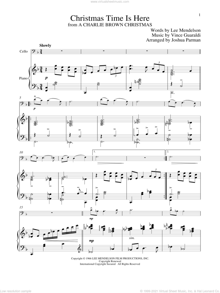 Christmas Time Is Here sheet music for cello and piano by Vince Guaraldi and Lee Mendelson, intermediate skill level