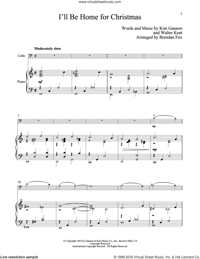 I'll Be Home For Christmas sheet music for cello and piano by Kim Gannon and Walter Kent, intermediate skill level