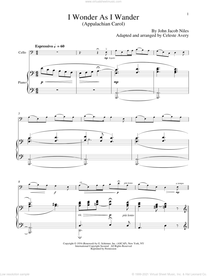 I Wonder As I Wander sheet music for cello and piano by John Jacob Niles, intermediate skill level