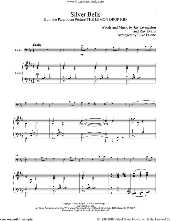 Silver Bells sheet music for cello and piano by Jay Livingston and Ray Evans, intermediate skill level