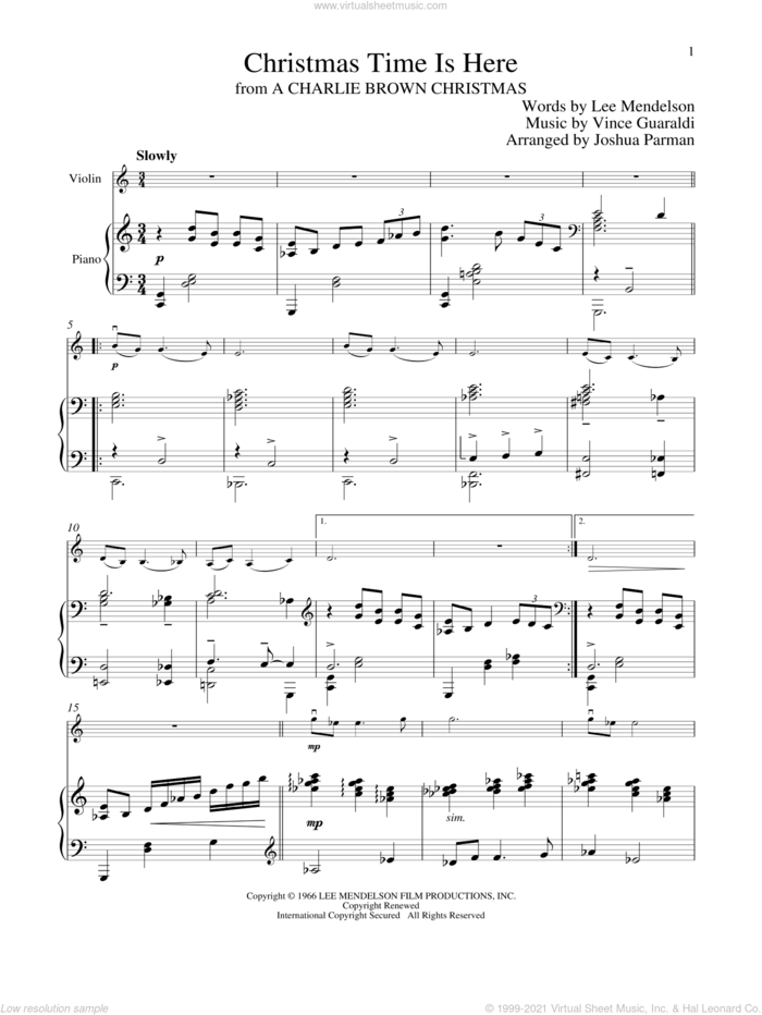 Christmas Time Is Here sheet music for violin and piano by Vince Guaraldi and Lee Mendelson, intermediate skill level