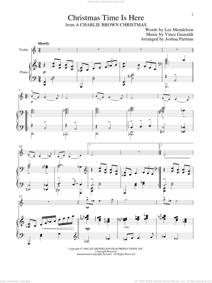 Christmas Time Is Here sheet music for violin and piano by Vince Guaraldi and Lee Mendelson, intermediate skill level