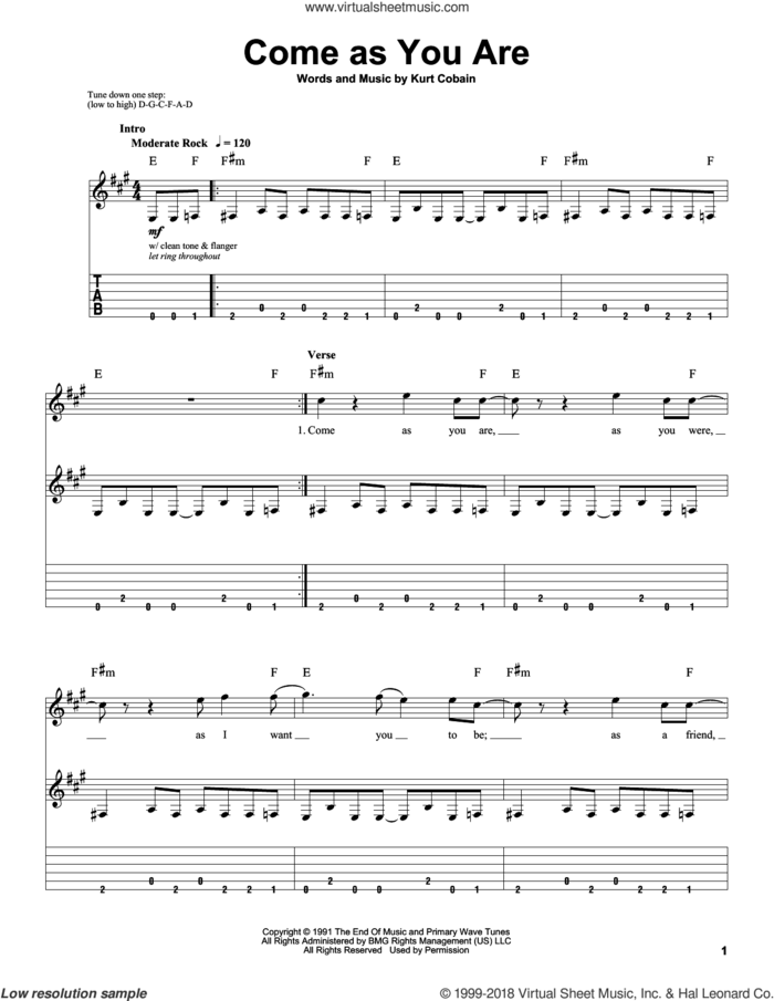 Come As You Are sheet music for guitar (tablature, play-along) by Nirvana and Kurt Cobain, intermediate skill level