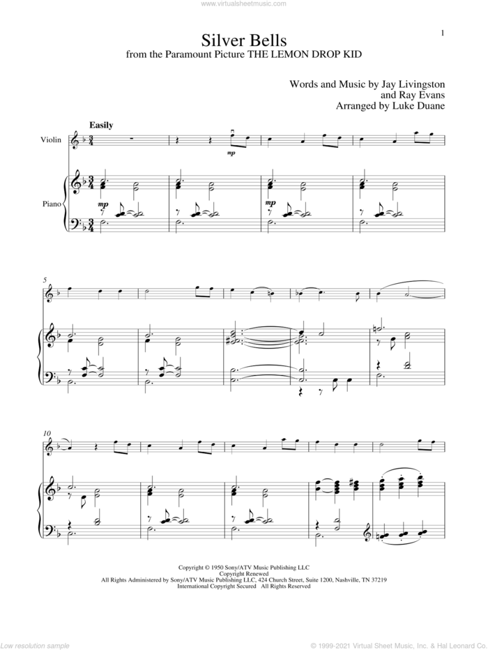 Silver Bells sheet music for violin and piano by Jay Livingston and Ray Evans, intermediate skill level