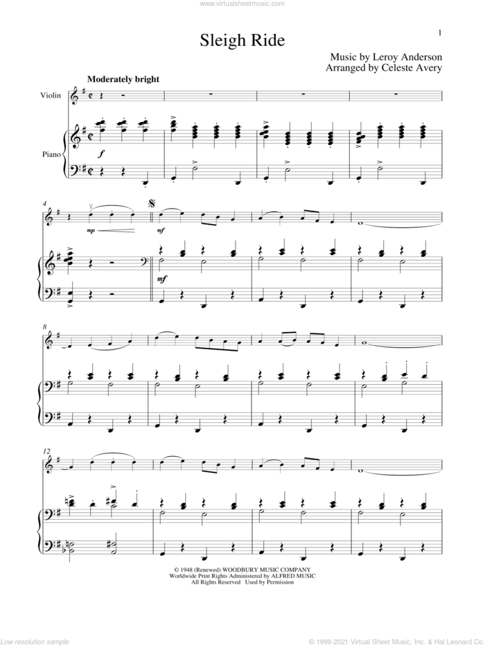 Sleigh Ride sheet music for violin and piano by Leroy Anderson and Mitchell Parish, intermediate skill level