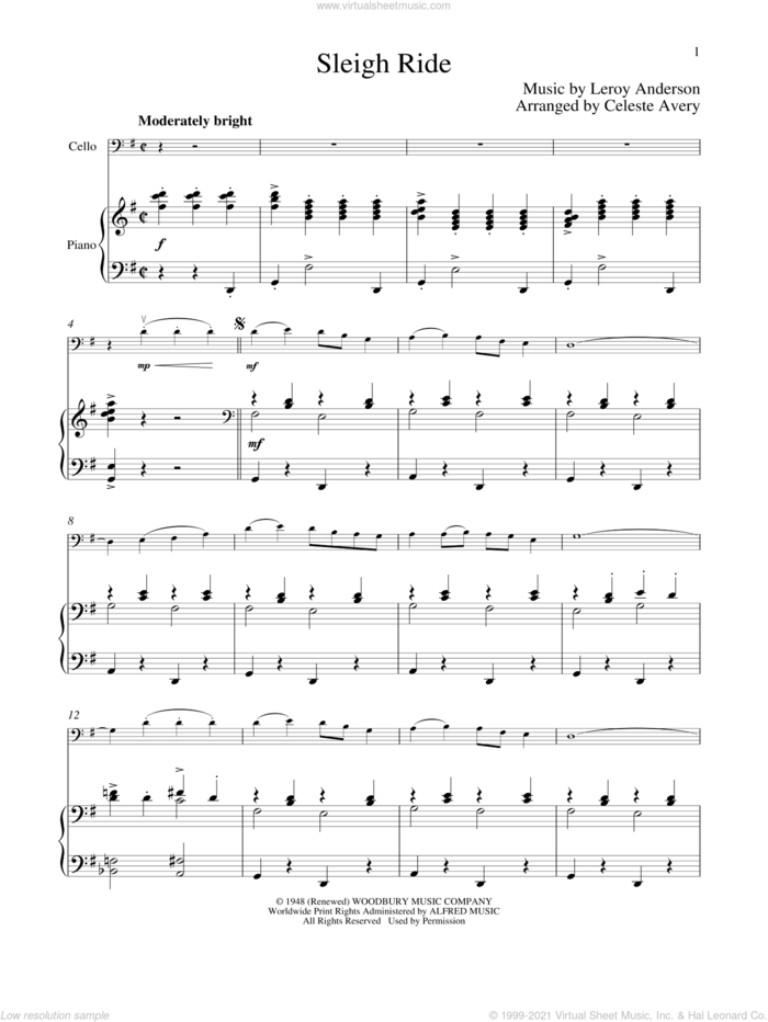 Sleigh Ride sheet music for cello and piano by Leroy Anderson and Mitchell Parish, intermediate skill level