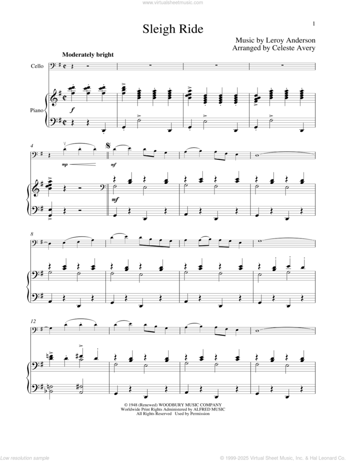 Sleigh Ride sheet music for cello and piano by Mitchell Parish and Leroy Anderson, intermediate skill level