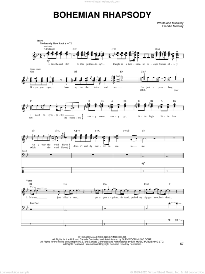 Bohemian Rhapsody sheet music for bass (tablature) (bass guitar) by Queen and Freddie Mercury, intermediate skill level