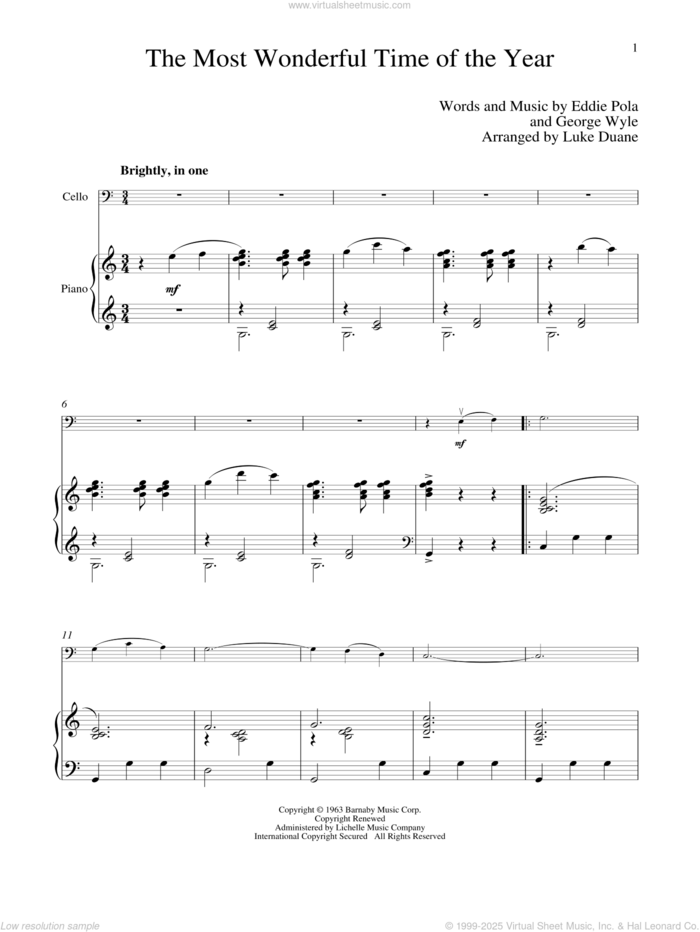 The Most Wonderful Time Of The Year sheet music for cello and piano by George Wyle and Eddie Pola, intermediate skill level